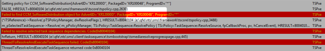 Failed to resolve selected task sequence dependencies 0x80040104