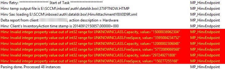 Invalid integer property value out of range in MP_HINV.log