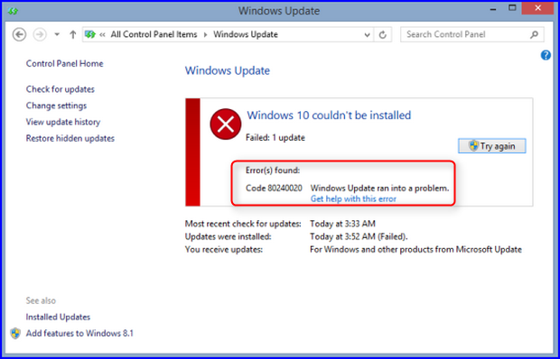 Windows 10 error code 80240020