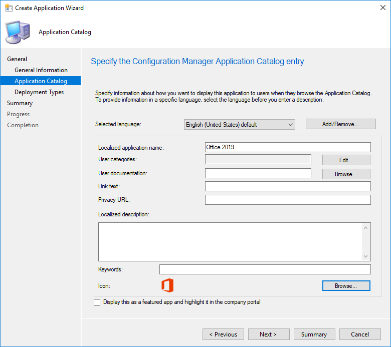 Office deployment tool. System Center configuration Manager Company Portal. User application. Где находится create an application. Private URL