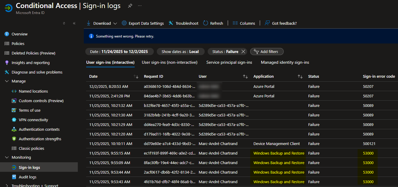 Windows Backup for Organization error 53000 and 53003.
