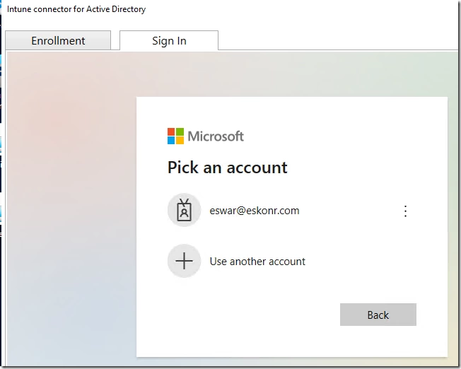 Intune Connector MSA Account