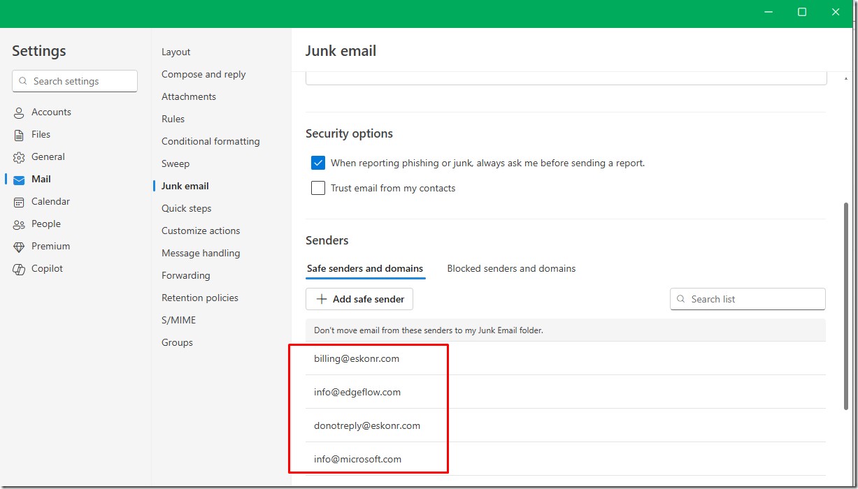 Intune Outlook Safe Senders